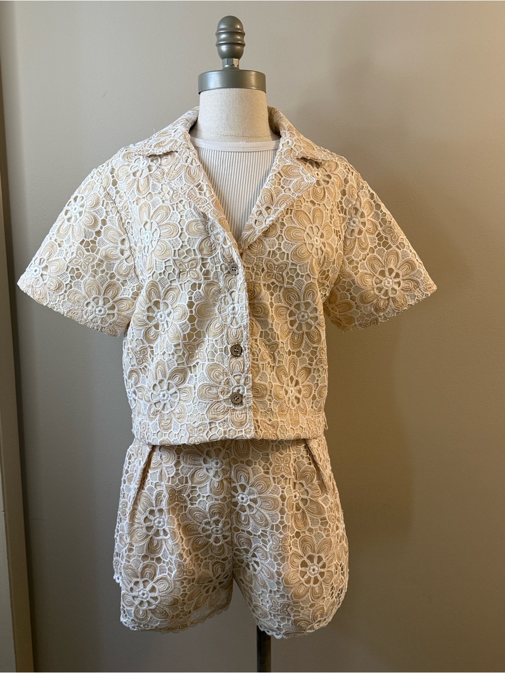 Just Me Cream Floral Lace Short Set